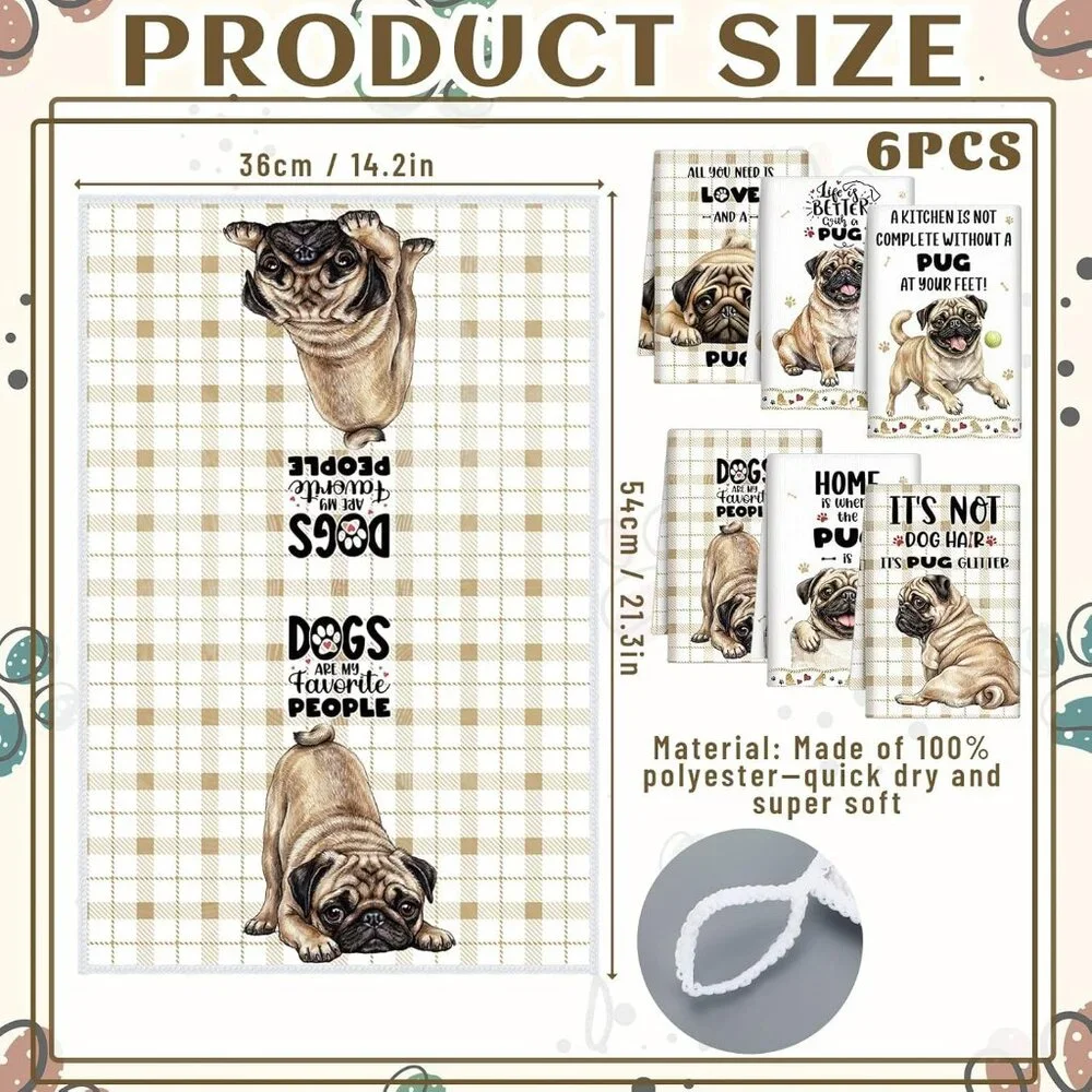 6 Pcs Pug Dog Kitchen Towels Gifts for Pug Lovers‎